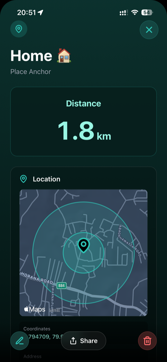 Place Anchor screen showing live distance